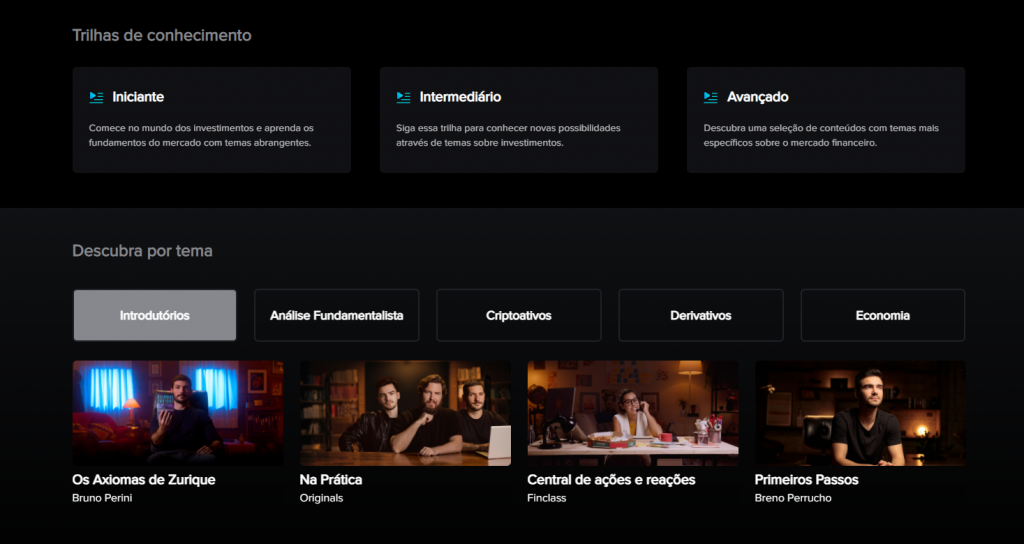 Tela do Finclass mostrando as Trilhas de Conhecimentos e a navegação por categoria.