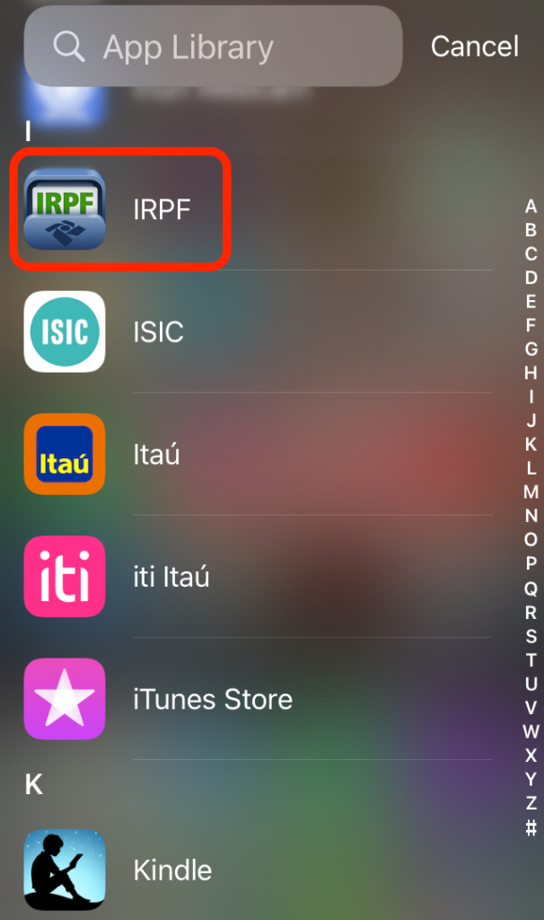 Captura de tela mostrando a biblioteca de aplicativos, com o aplicativo “IRPF” em destaque.
