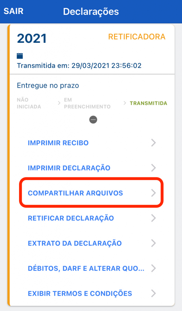 Captura de tela mostrando a tela logada do aplicativo IRPF, com o botão “Compartilhar arquivos” em destaque.