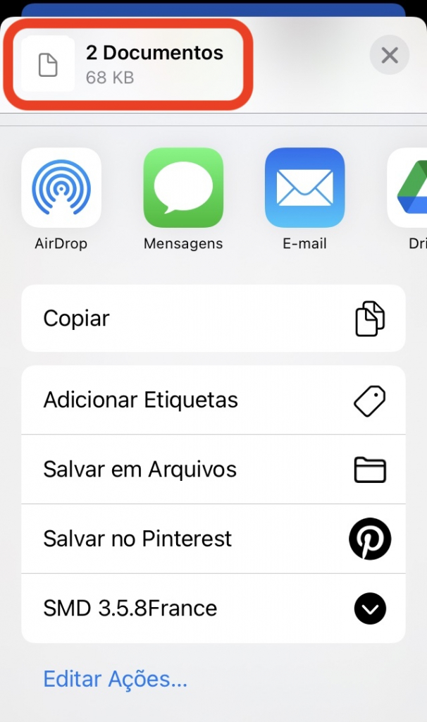 Captura de tela mostrando a tela de compartilhamento dos arquivos do celular, com o texto “2 Documentos” em destaque.