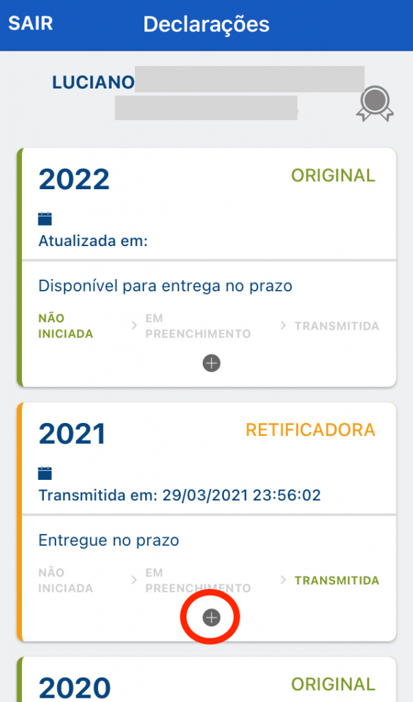 Captura de tela mostrando a tela logada do aplicativo IRPF, com o botão com o sinal de positivo/mais em destaque.