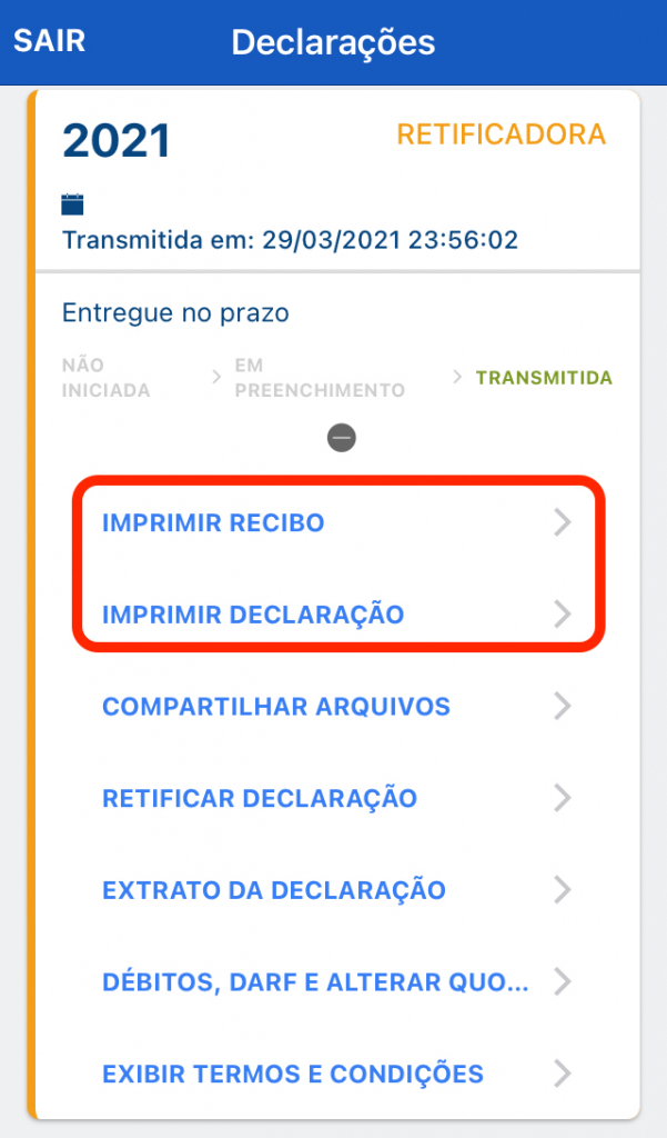 Captura de tela mostrando a tela logada do aplicativo IRPF, com os botões “Imprimir recibo” e “Imprimir declaração” em destaque.