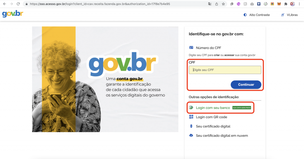 Captura de tela mostrando a página de login do sistema do Governo Federal “GOV.BR”, com os campos “CPF” e “Login com seu banco” em destaque.