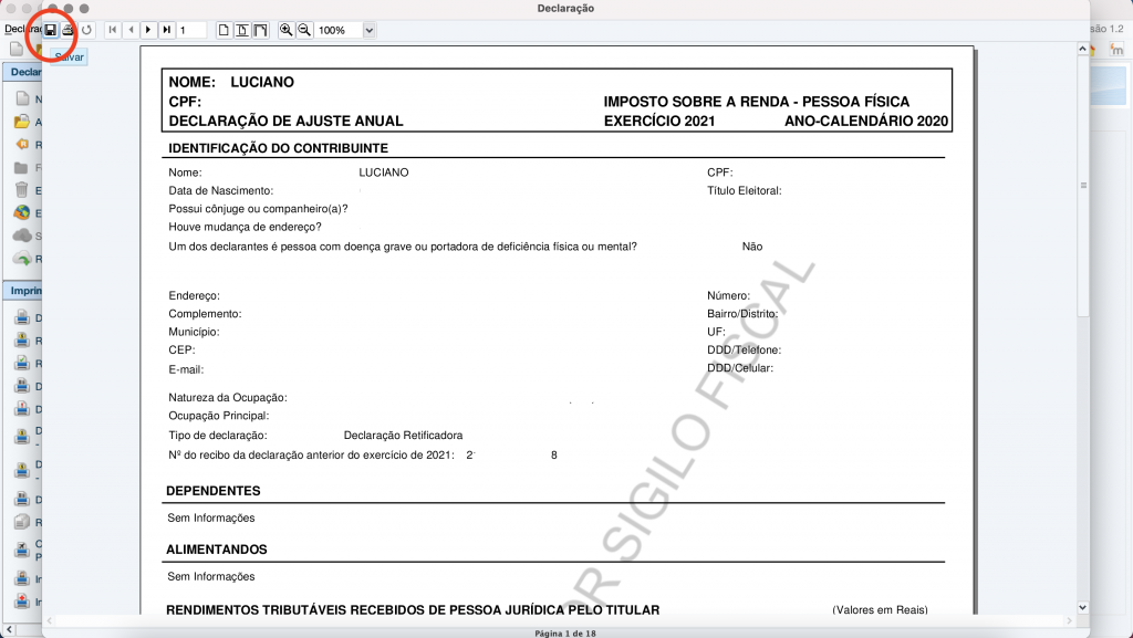 Captura de tela de uma pré-visualização da Declaração, e o botão com o texto “Salvar” no canto superior esquerdo em destaque.