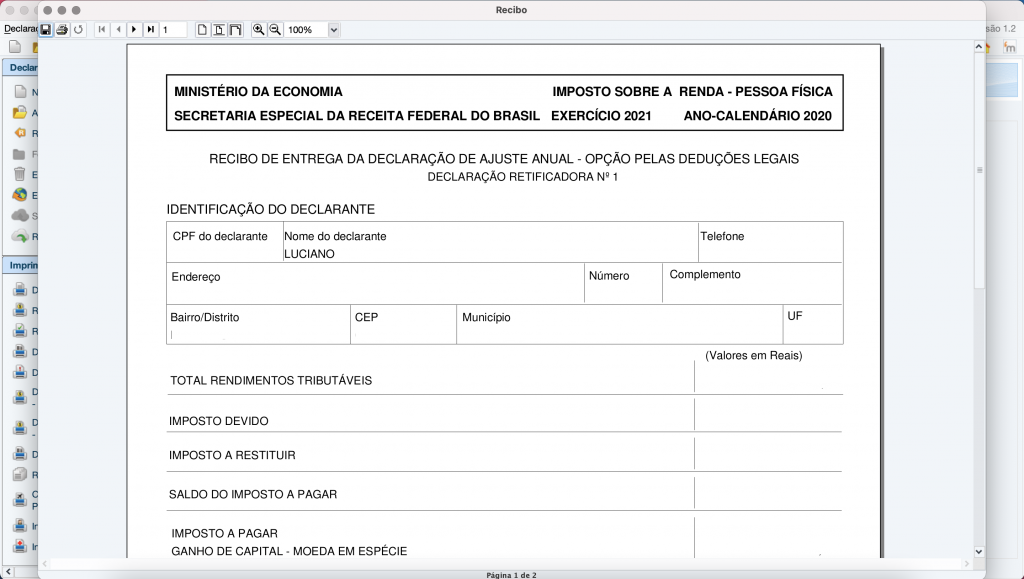 Captura de tela de uma pré-visualização do Recibo de Entrega.