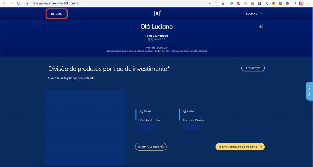 Captura de tela mostrando a página inicial da Área Logada do Investidor na B3, com o botão “Menu” em destaque.