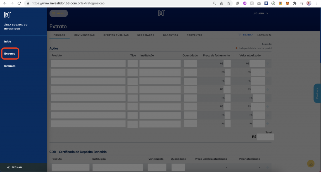 Captura de tela mostrando o menu da Área Logada do Investidor na B3, com o texto “Extratos” em destaque.