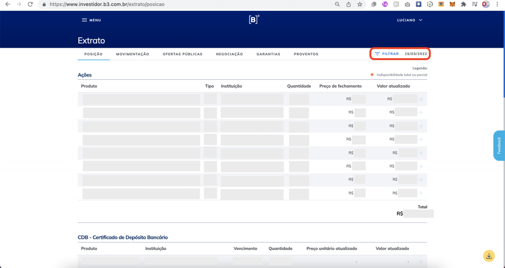 Captura de tela mostrando o extrato na Área Logada do Investidor na B3, com o texto “FILTRAR 15/03/2022” em destaque.