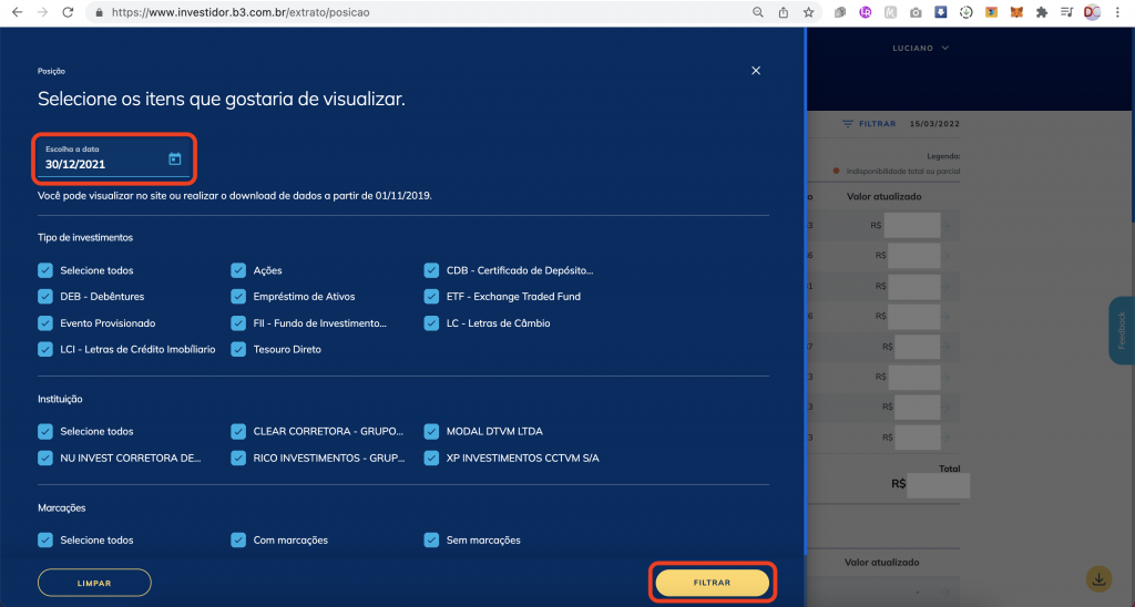 Captura de tela mostrando o filtro do extrato na Área Logada do Investidor na B3, com o texto “Escolha a data: 30/12/2021” e o botão “Filtrar” em destaque.