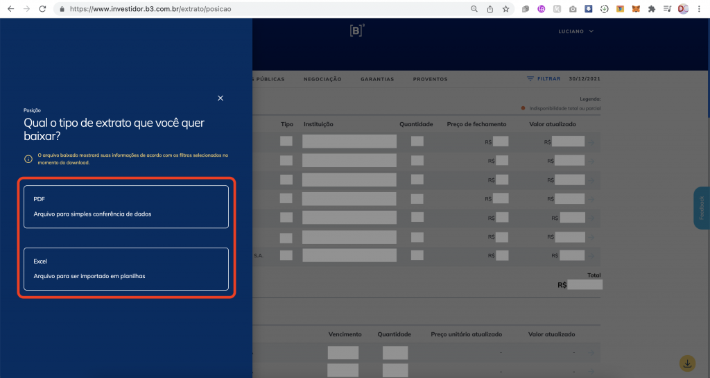 Captura de tela mostrando o filtro do download na Área Logada do Investidor na B3, com as opções de formato disponíveis: PDF e Excel em destaque.