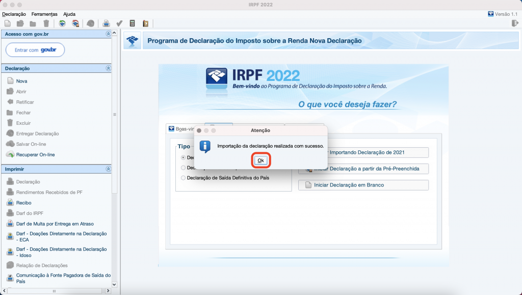 Captura de tela mostrando a tela de confirmação de importação do arquivo para o programa de 2022, com a mensagem “Importação da declaração realizada com sucesso”.