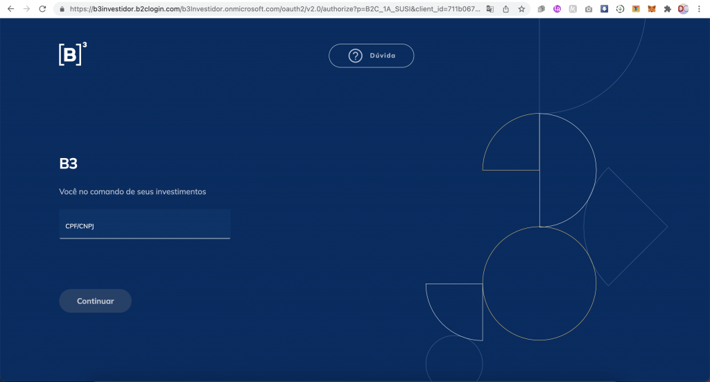 aptura de tela mostrando a página inicial da Área do Investidor na B3.