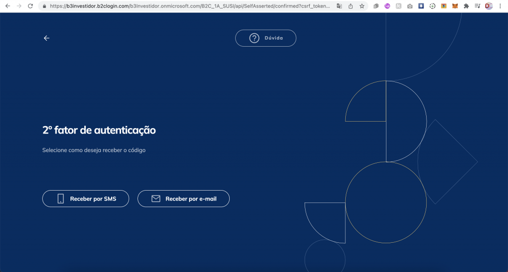 Captura de tela mostrando a página de “2º fator de autenticação” da Área do Investidor na B3.