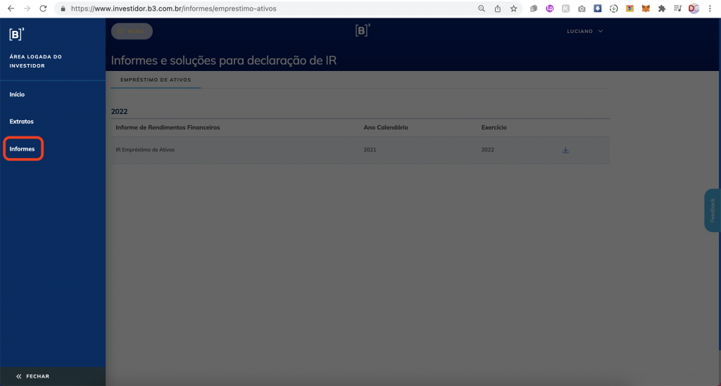 Captura de tela mostrando o menu da Área Logada do Investidor na B3, com o texto “Informes” em destaque.