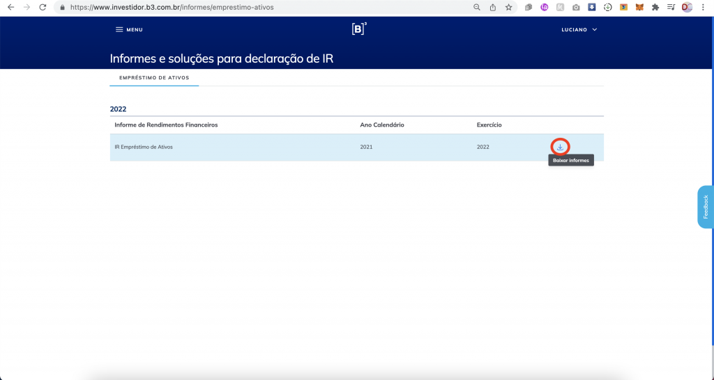 Captura de tela mostrando o extrato na Área Logada do Investidor na B3, com o botão “Baixar informes” em destaque.
