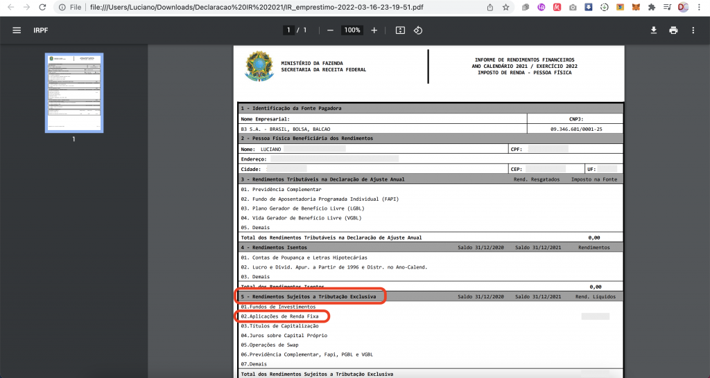 Captura de tela mostrando o Informe de Rendimento, com as opções de “Rendimentos Sujeitos à Tributação Exclusiva” em destaque.