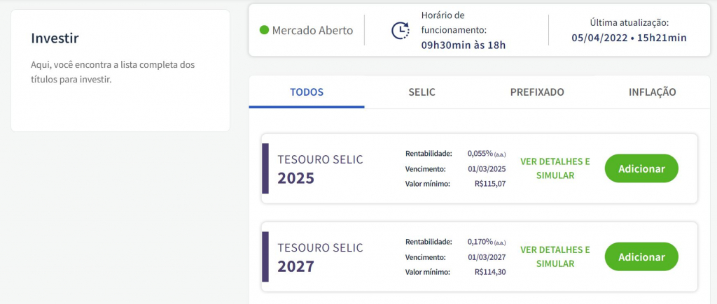 Opções de títulos do Tesouro Direto