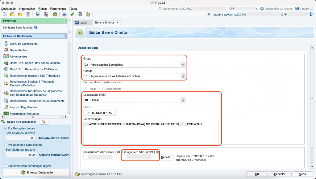 Captura de tela mostrando a ficha de Bens e Direitos do Programa do Imposto de Renda, com os campos preenchidos em destaque.
