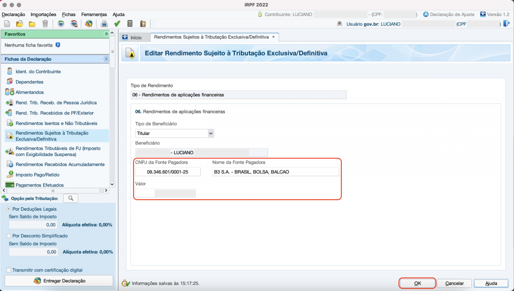Captura de tela mostrando a ficha “Rendimentos Sujeitos à Tributação Exclusiva”, com as opções “CNPJ da Fonte Pagadora” e “Valor” e o botão “OK” em destaque.