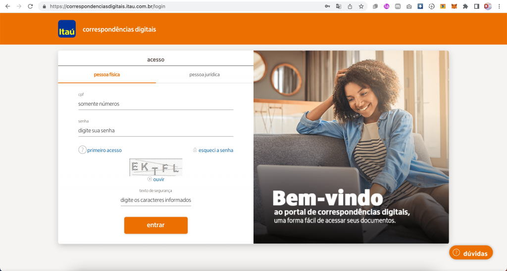 Captura de tela mostrando a página inicial do site do Portal de Correspondências Digitais do Itaú.