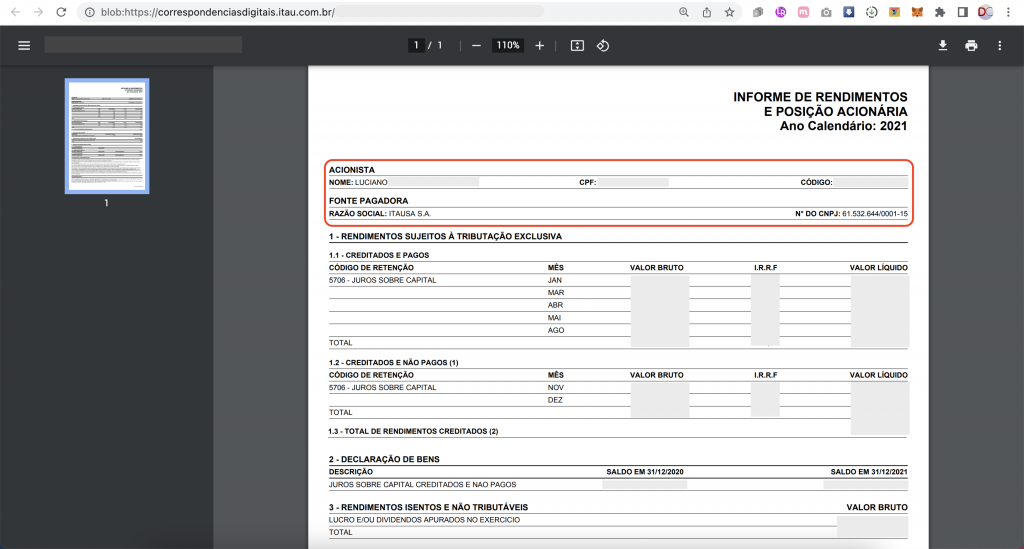 Captura de tela mostrando o Informe de Rendimentos da Itaúsa.