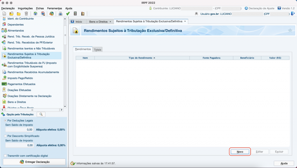 Captura de tela mostrando a ficha “Rendimentos Sujeitos à Tributação Exclusiva”, com o botão “Novo” em destaque.