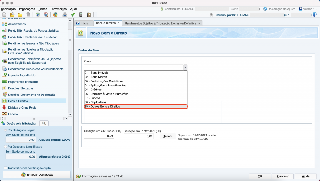 Captura de tela mostrando a tela de Novo Bem e Direito do Programa do Imposto de Renda, com a opção “99 – Outros Bens e Direitos” em destaque.