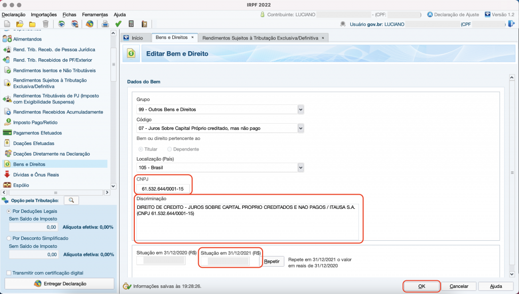 Captura de tela mostrando a tela de Novo Bem e Direito do Programa do Imposto de Renda, com os campos “CNPJ”, “Discriminação”, “Situação em 31/12/2021” e o botão “OK” em destaque.