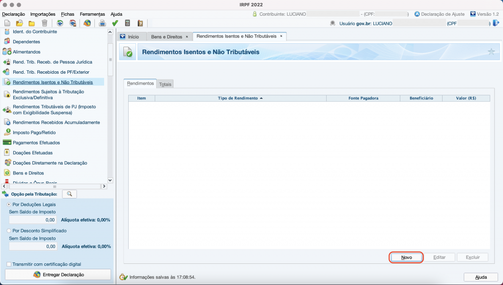 Captura de tela mostrando a ficha de Rendimentos Isentos e Não Tributáveis do Programa do Imposto de Renda, com o botão “Novo” em destaque.
