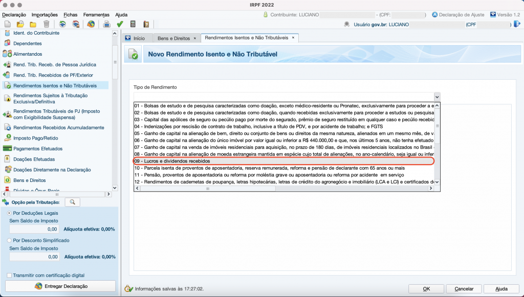 Captura de tela mostrando a tela de Novo Rendimento Isento e Não Tributável do Programa do Imposto de Renda, com a opção “09 – Lucros e dividendos recebidos” em destaque.