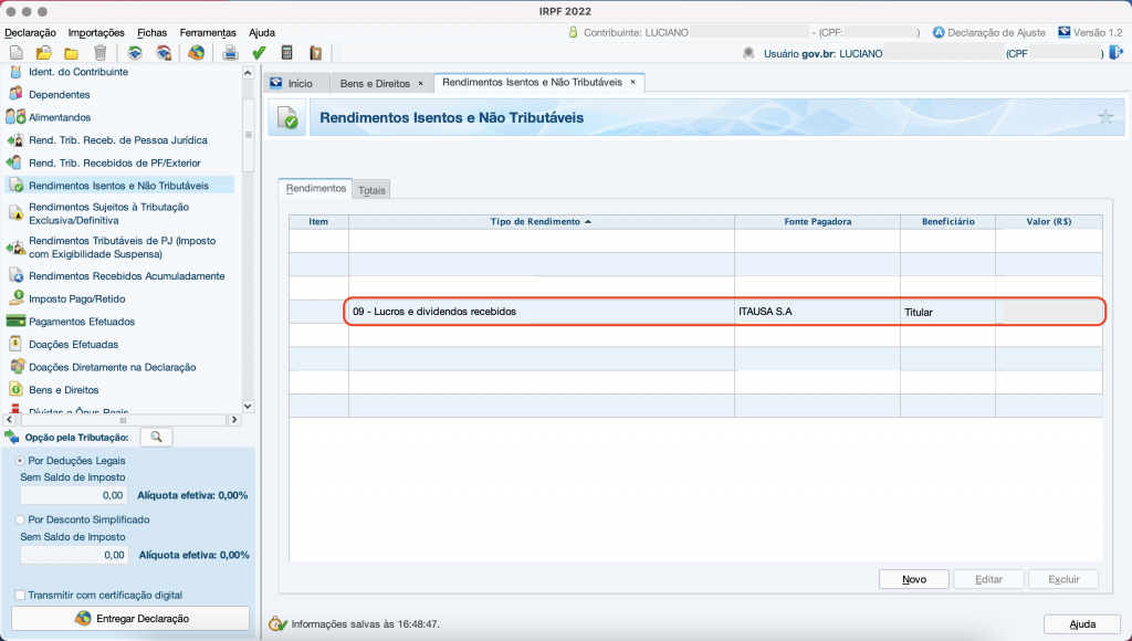 Captura de tela mostrando a tela de Rendimentos Isentos e Não Tributáveis do Programa do Imposto de Renda, com a nova adição em destaque.