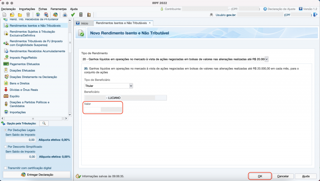 Captura de tela mostrando a ficha de Rendimentos Isentos e Não Tributáveis do Programa do Imposto de Renda, com a opção “Valor” em destaque.