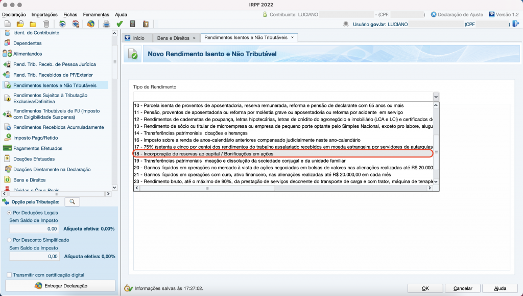 Captura de tela mostrando a ficha de Rendimentos Isentos e Não Tributáveis do Programa do Imposto de Renda, com a opção “18 – Incorporação de reservas ao capital / Bonificações em ações” em destaque.