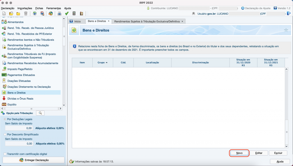 Captura de tela mostrando a ficha de Bens e Direitos do Programa do Imposto de Renda, com o botão “Novo” em destaque.