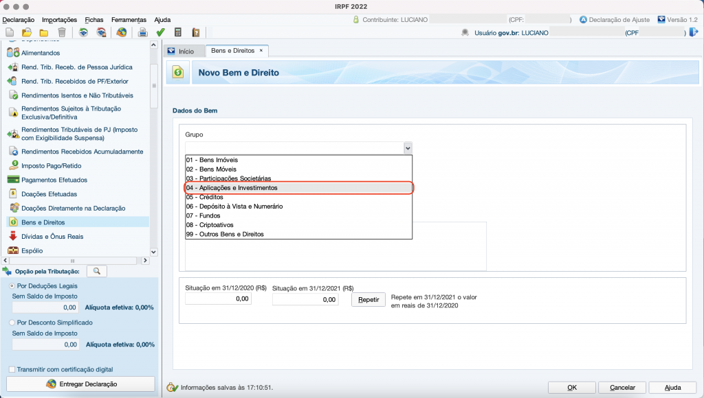 Captura de tela mostrando a ficha de Bens e Direitos do Programa do Imposto de Renda, com a opção “04 – Aplicações e Investimentos” em destaque.
