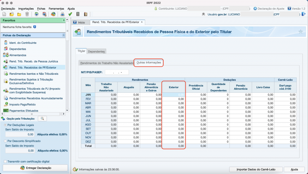 Captura de tela mostrando a ficha de “Rendimentos Tributáveis Recebidos de Pessoa Física/Exterior” do Programa do Imposto de Renda, com as opções “Outras Informações” e “Exterior” em destaque.