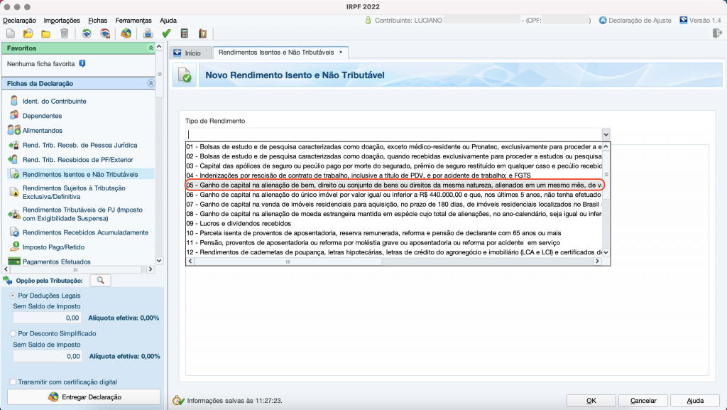 Captura de tela mostrando a ficha de Rendimentos Isentos e Não Tributáveis do Programa do Imposto de Renda, com a opção 05 – Ganhos líquidos na alienação do bem, direito ou conjunto de bens ou direitos da mesma natureza, alienados em um mesmo mês, de valor total de alienação até R$ 20.000,00, para ações alienadas no mercado de balcão; e R$ 35.000,00, nos demais casos” em destaque.