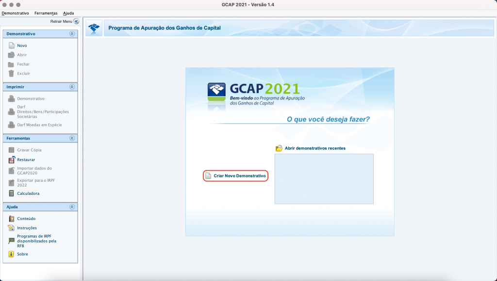 Captura de tela mostrando o Programa de Apuração dos Ganhos de Capital, aberto na página inicial e o botão “Criar Novo Demonstrativo” em destaque.