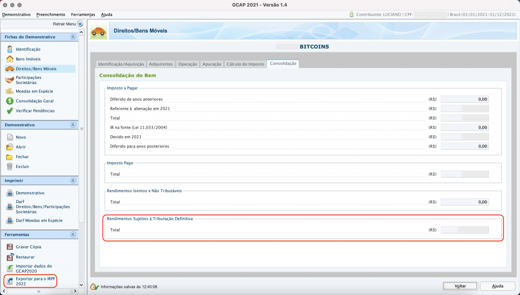 Captura de tela mostrando o Programa de Apuração dos Ganhos de Capital, aberto na página “Consolidação”. 