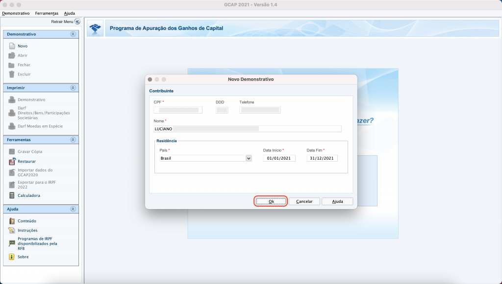 Captura de tela mostrando o Programa de Apuração dos Ganhos de Capital, aberto na página de identificação e o botão “OK” em destaque.