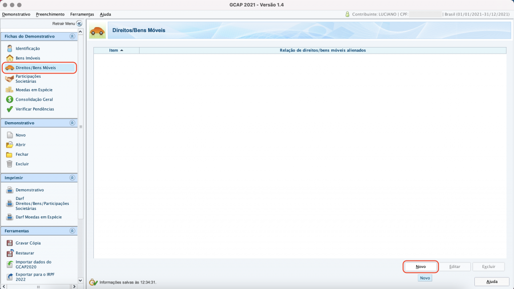 Captura de tela mostrando o Programa de Apuração dos Ganhos de Capital, aberto na página “Direitos/Bens Móveis” e o botão “Novo” em destaque.