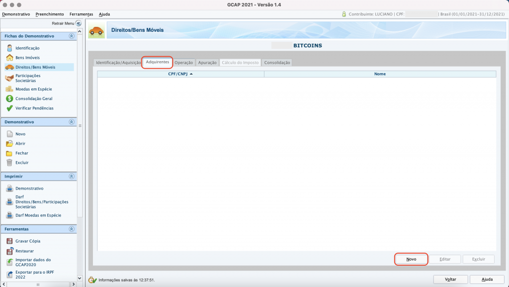 Captura de tela mostrando o Programa de Apuração dos Ganhos de Capital, aberto na página “Adquirentes” e com o botão “Novo” em destaque.