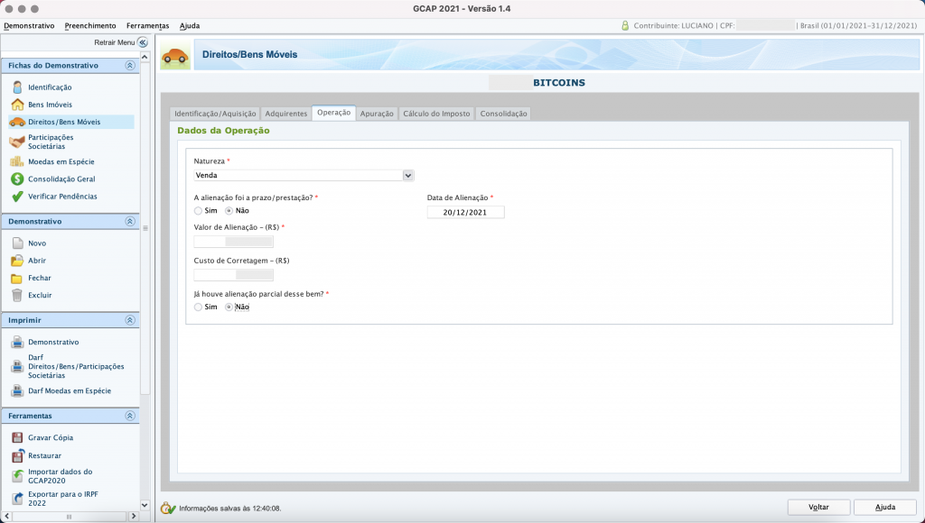 Captura de tela mostrando o Programa de Apuração dos Ganhos de Capital, aberto na página “Operação”.