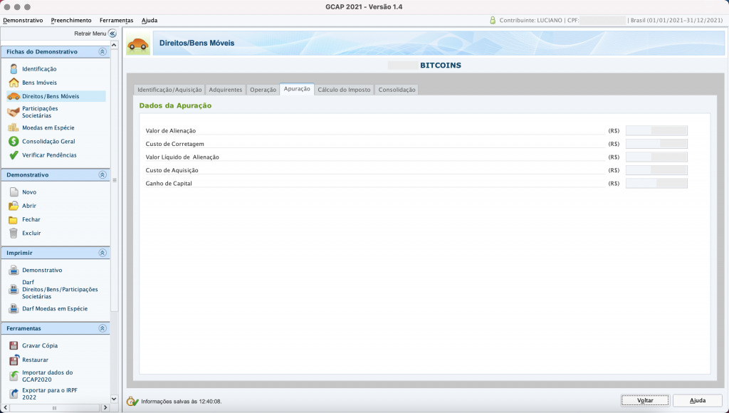 Captura de tela mostrando o Programa de Apuração dos Ganhos de Capital, aberto na página “Apuração”.