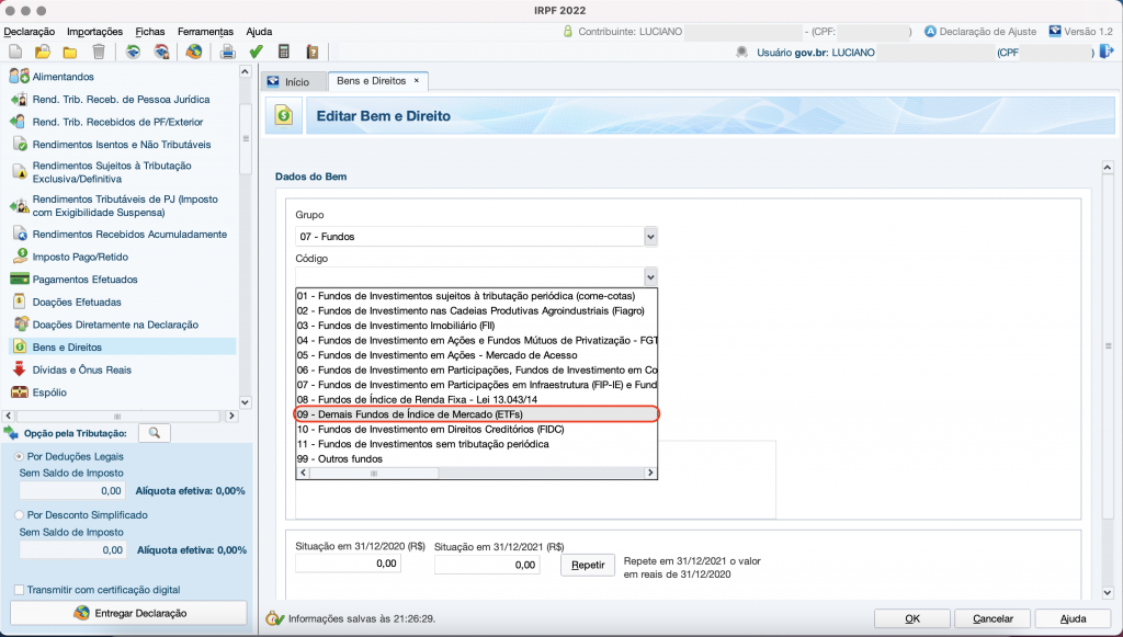 Captura de tela mostrando a ficha de Bens e Direitos do Programa do Imposto de Renda, com a opção “09 – Demais Fundos de Índice do Mercado (ETFs)” em destaque.