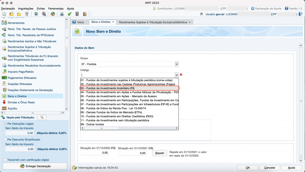 Captura de tela mostrando a ficha de Bens e Direitos do Programa do Imposto de Renda, com a opção “03 – Fundos de Investimento Imobiliário (FII)” em destaque.