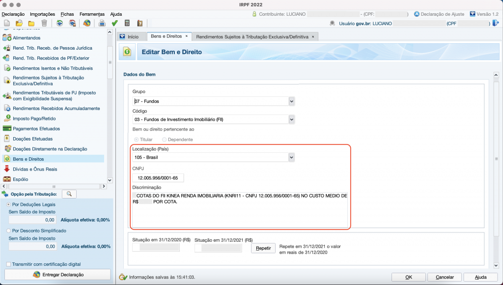 Captura de tela mostrando a ficha de Bens e Direitos do Programa do Imposto de Renda, com os campos preenchidos em destaque.