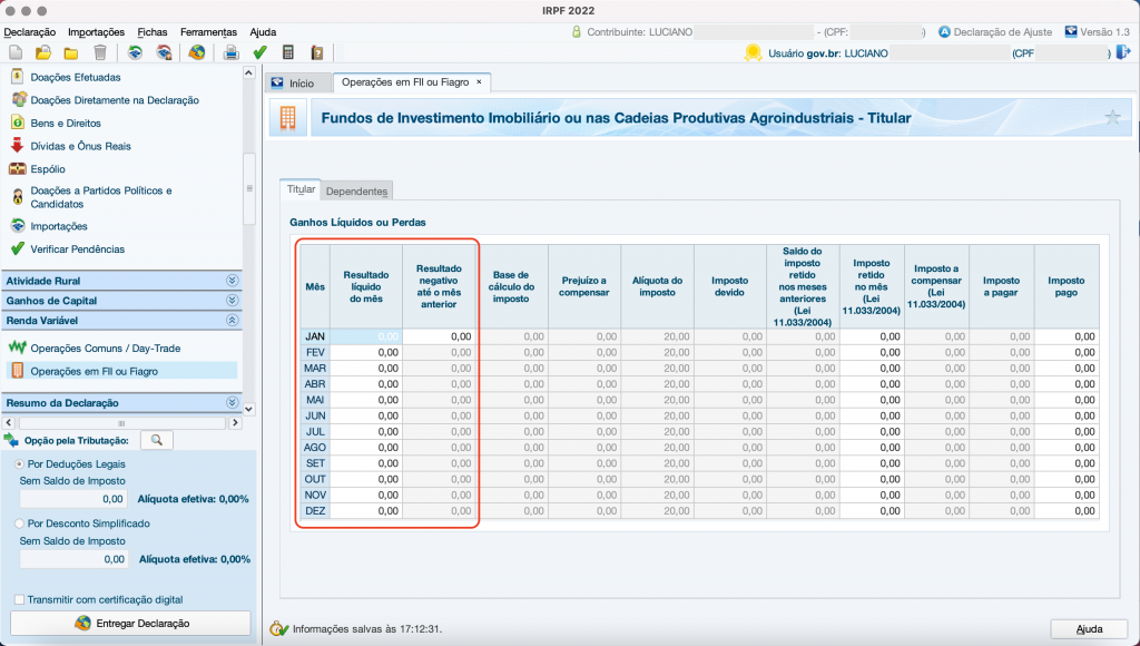 Captura de tela mostrando o Programa do Imposto de Renda, aberto na ficha “Operações em FII”.