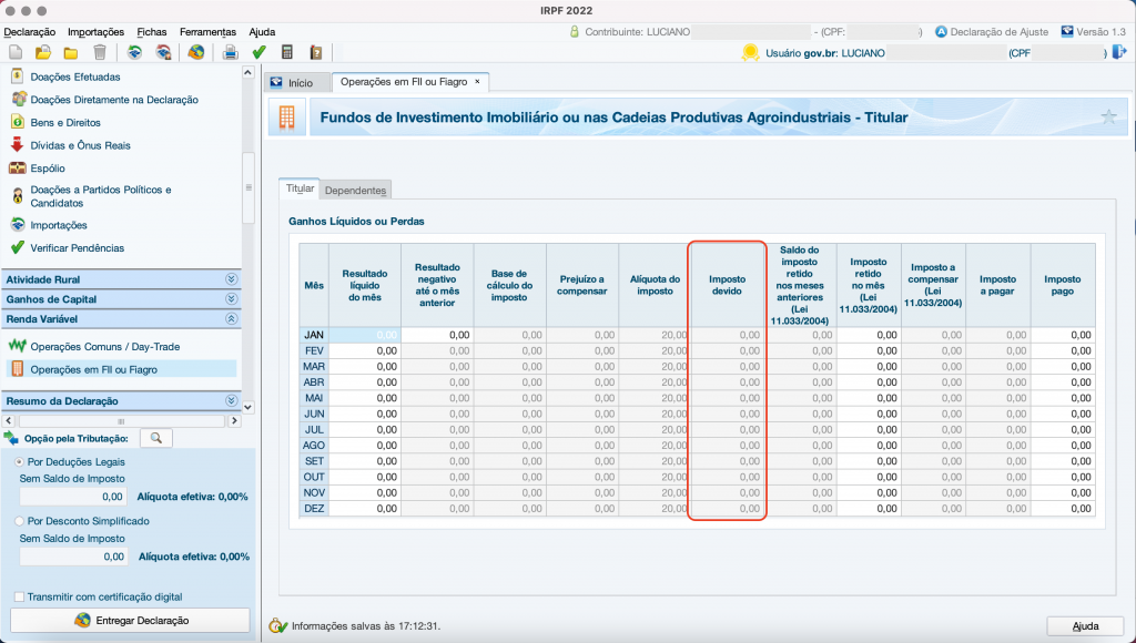 Captura de tela mostrando o Programa do Imposto de Renda, aberto na ficha “Operações em FII”.