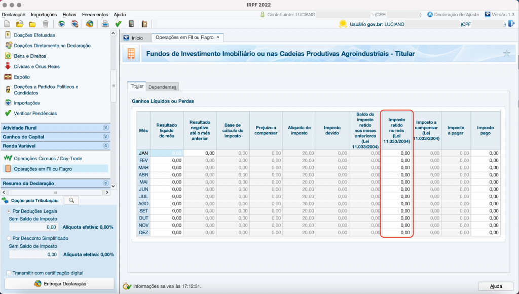 Captura de tela mostrando o Programa do Imposto de Renda, aberto na ficha “Operações em FII”.